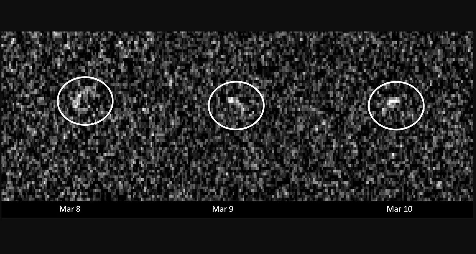 Estas imágenes del asteroide Apophis fueron registradas en marzo de 2021 por antenas de radio en el complejo Goldstone de Deep Space Network en California y el Telescopio Green Bank en Virginia Occidental. El asteroide estaba a 17 millones de kilómetros
- NASA

