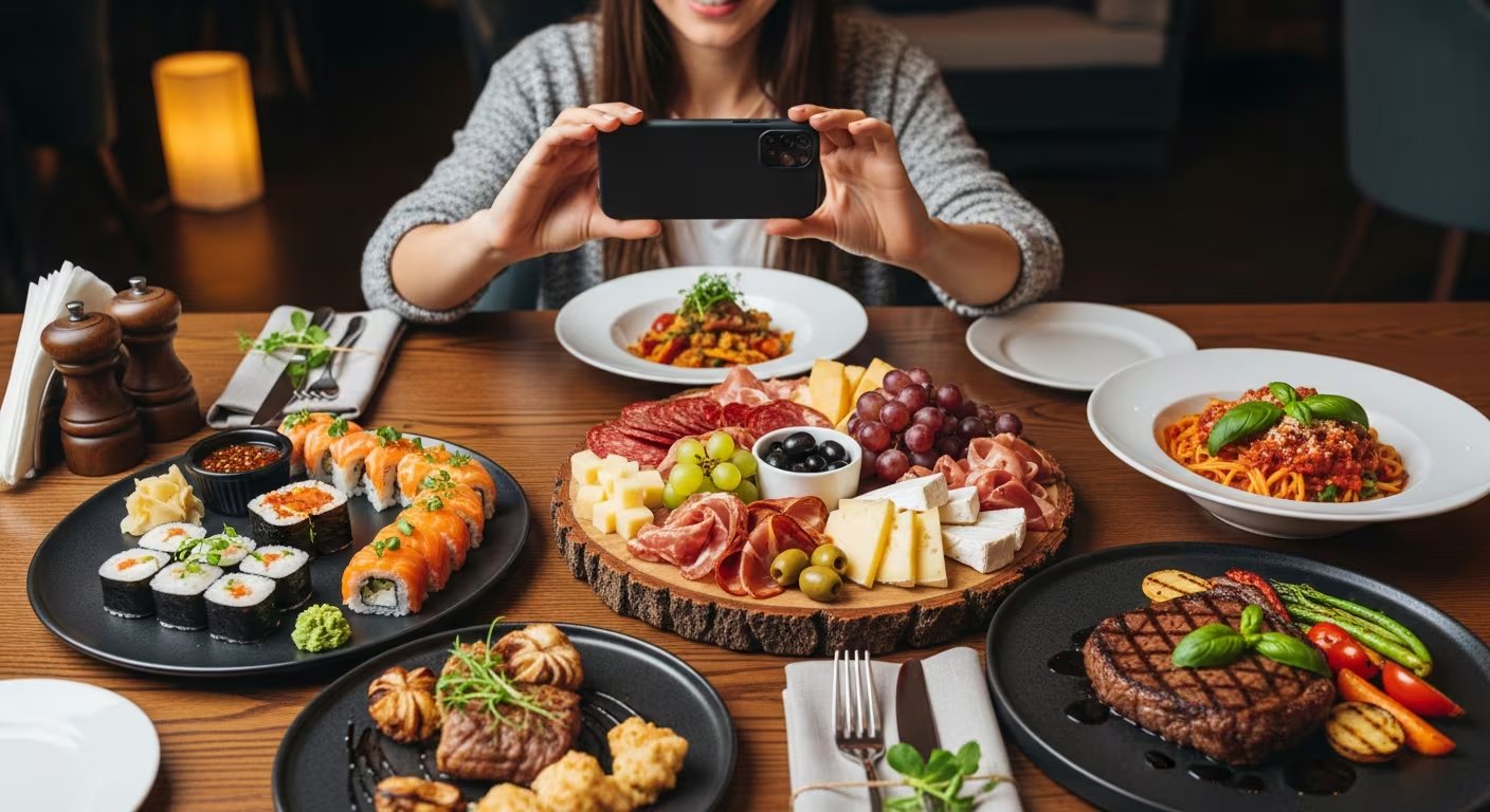 Una influencer gastronómica fotografía con su smartphone una mesa con una variedad de platos, que incluyen sushi, pasta, un bistec y una tabla de quesos y embutidos (Imagen Ilustrativa Infobae)