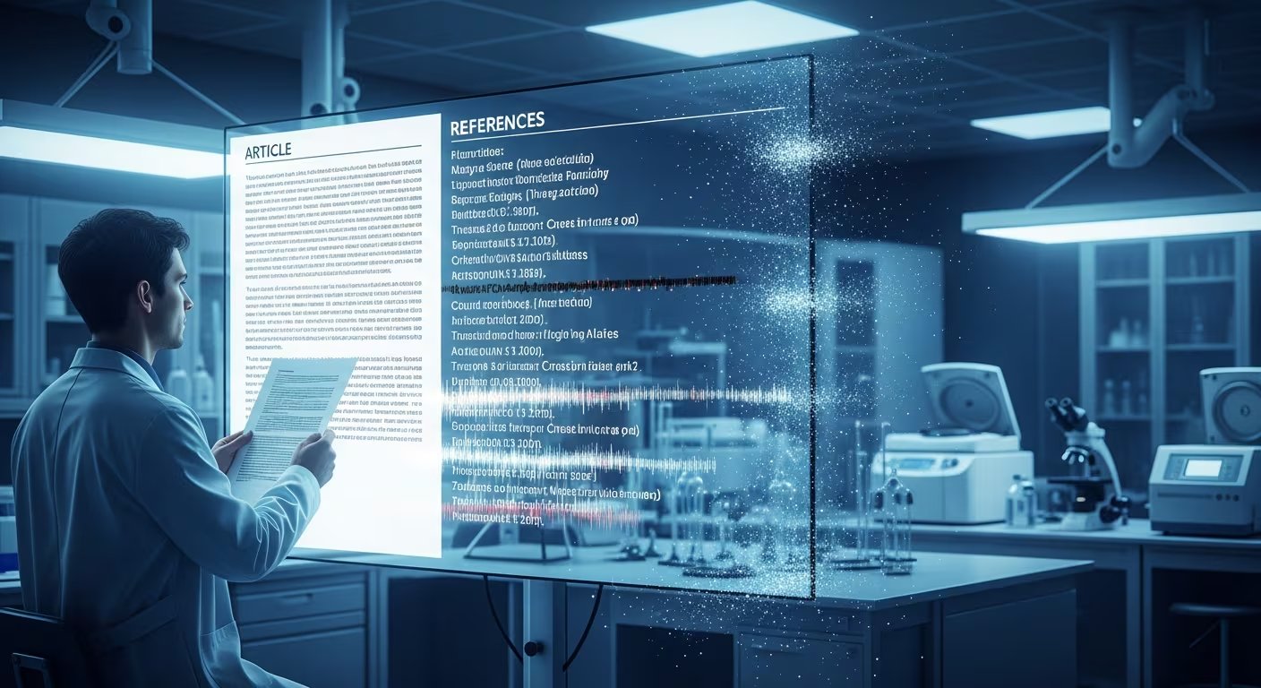 Un investigador en un laboratorio moderno revisa un artículo científico en una pantalla, donde las referencias digitales se desvanecen con un efecto glitch, simbolizando citas falsas generadas por inteligencia artificial. (Imagen Ilustrativa Infobae)