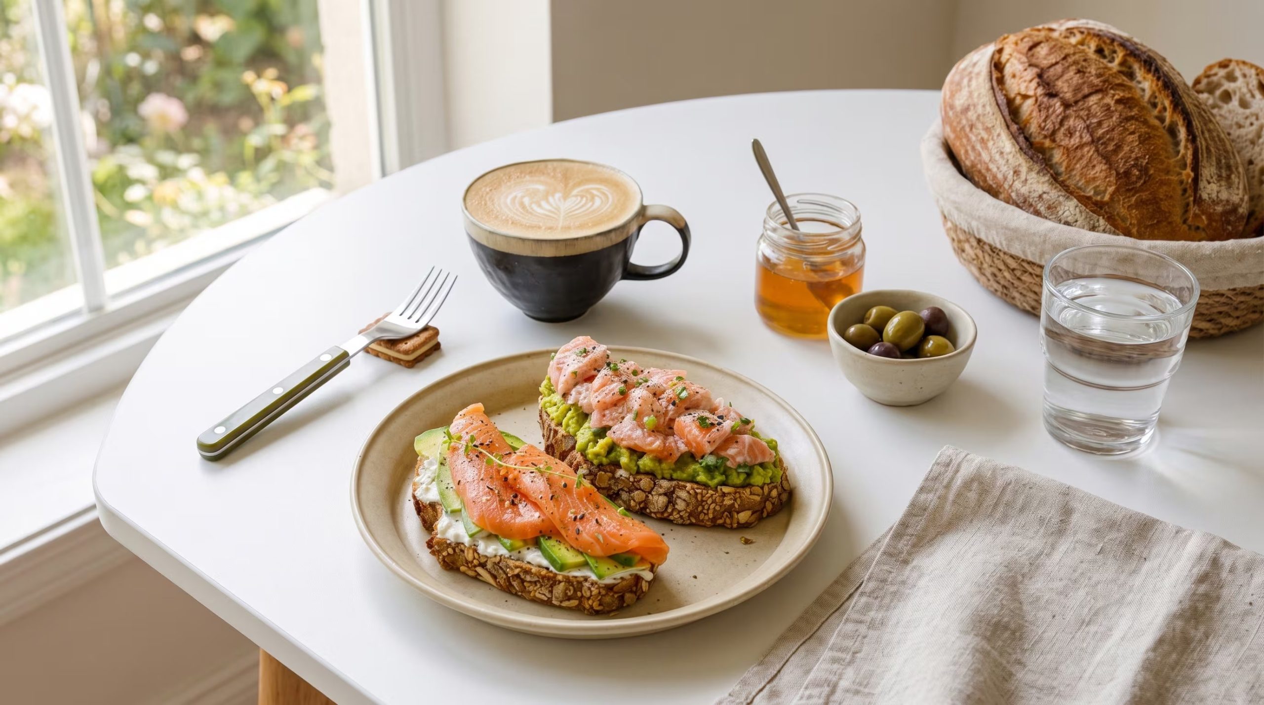 Dos tostadas con aguacate y salmón se presentan en un plato de cerámica, acompañadas de una taza de café con arte latte, miel, aceitunas, pan artesanal y un vaso de agua sobre una mesa blanca. (Imagen Ilustrativa Infobae)