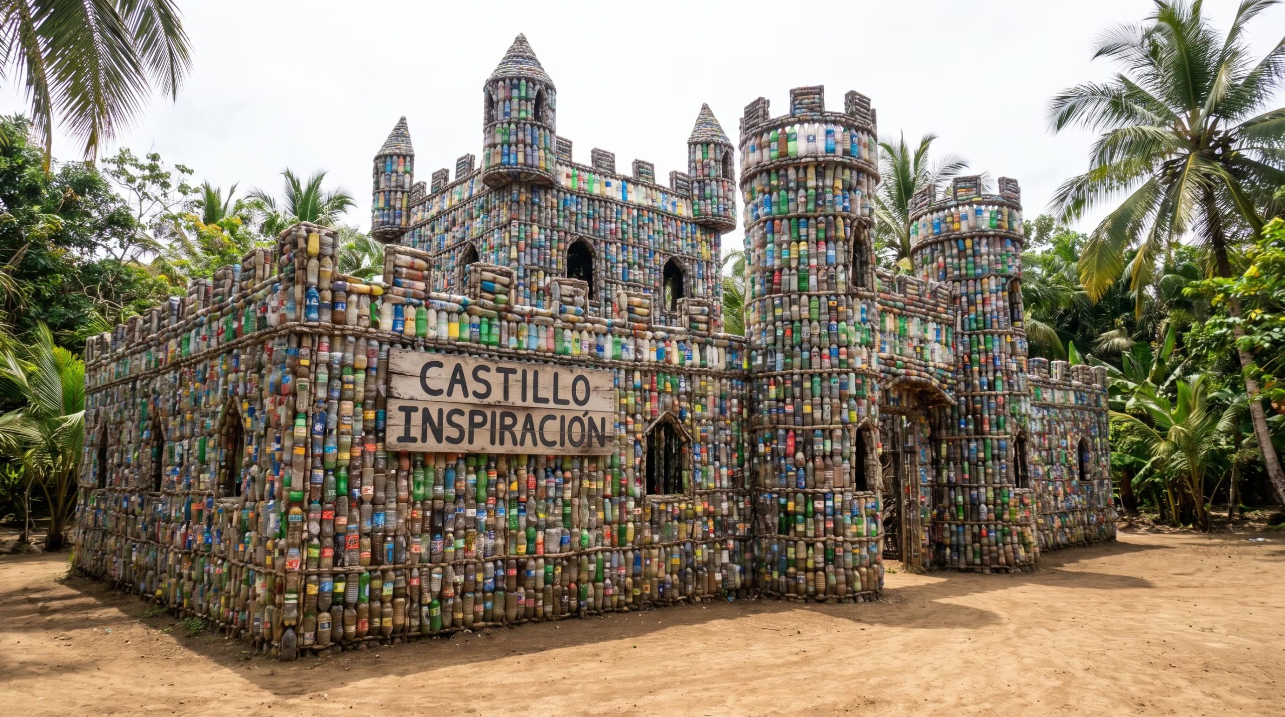 El Castillo Inspiración de Plastic Bottle Village tiene 4 plantas y 14 metros de altura con habitaciones para huéspedes, comedor y observatorio. (Imagen Ilustrativa Infobae)