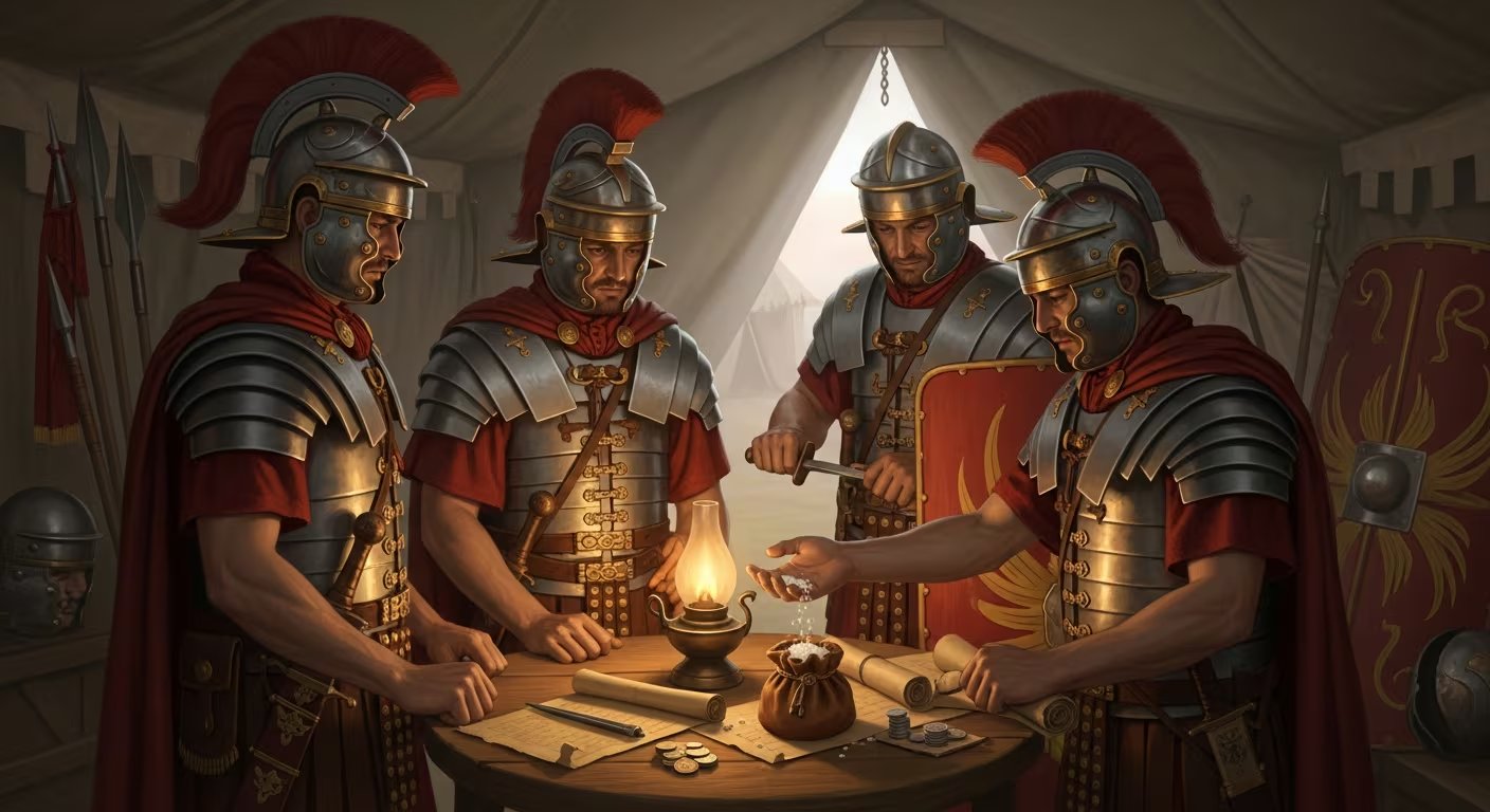 Cuatro legionarios romanos examinan una ración de sal, parte de su pago, alrededor de una mesa iluminada por una lámpara en un campamento militar. (Imagen Ilustrativa Infobae)