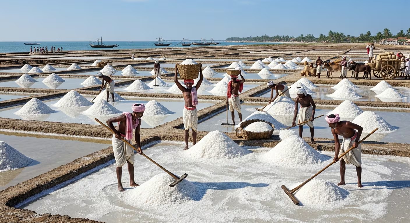 Campesinos de Orissa producen sal por evaporación solar en los khalaris de la costa este de India, donde la recogen en montículos y la transportan en cestas y carros. (Imagen Ilustrativa Infobae)