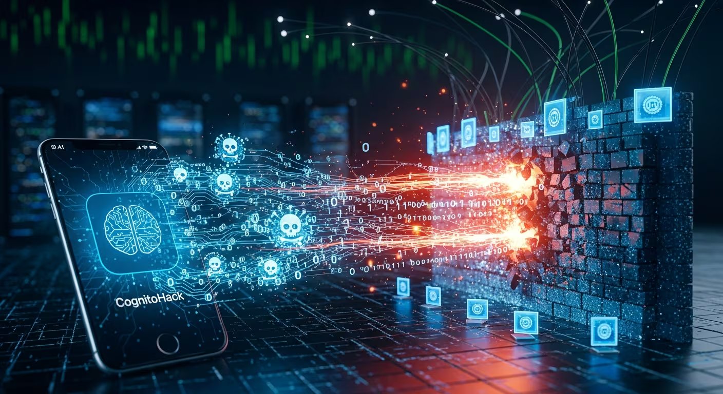 La ilustración muestra un smartphone ejecutando una aplicación de IA desde la que emana un flujo de datos maliciosos, simbolizando un ciberataque que rompe las barreras de seguridad digital. (Imagen Ilustrativa Infobae)