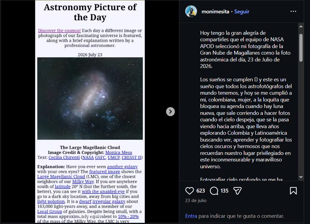 La fotografía seleccionada por la Nasa retrata la Gran Nube de Magallanes, una de las galaxias más cercanas a la Vía Láctea-crédito monimesita/Instagram