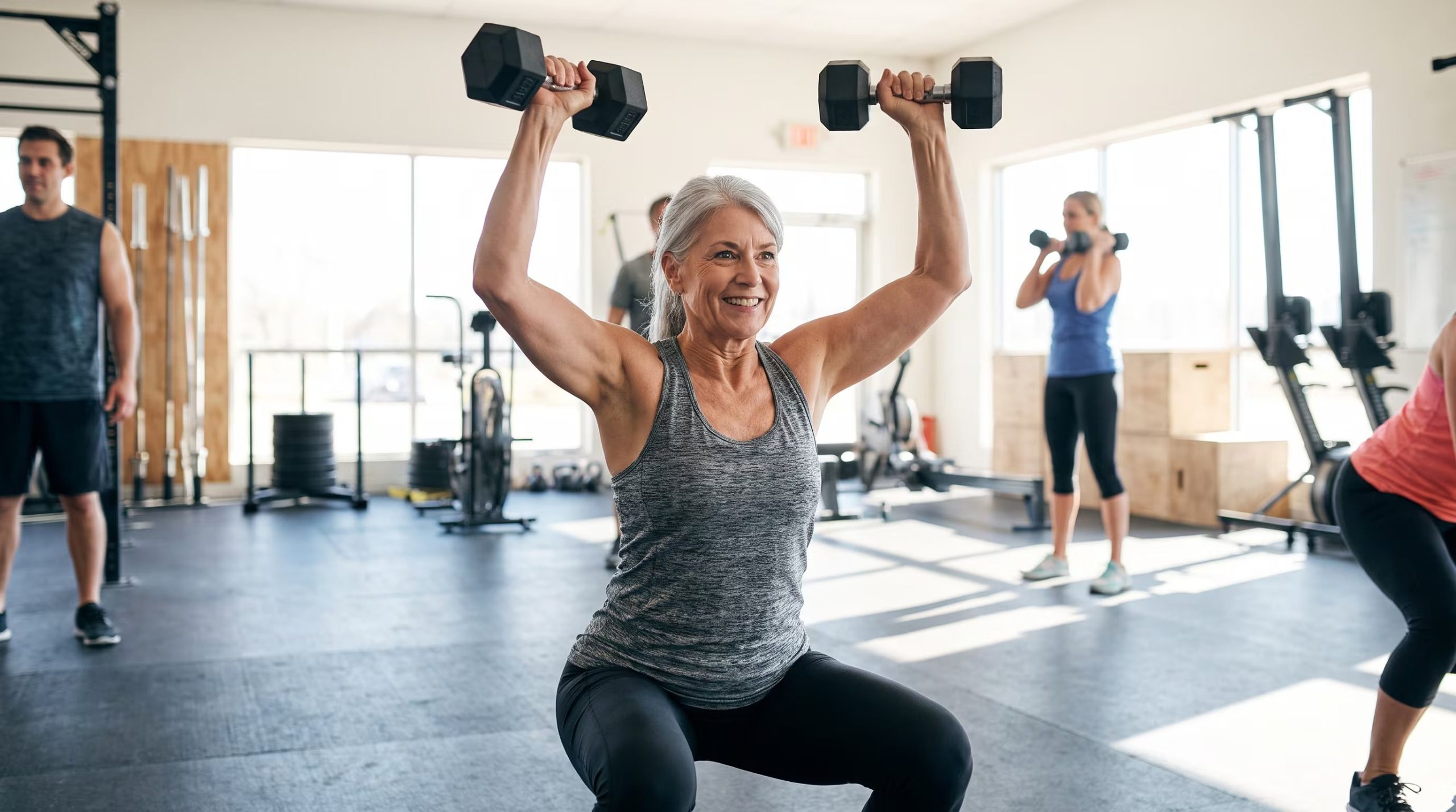Una mujer de 60 años sonríe mientras realiza una sentadilla con press de hombros utilizando mancuernas en un gimnasio. (Imagen Ilustrativa Infobae)