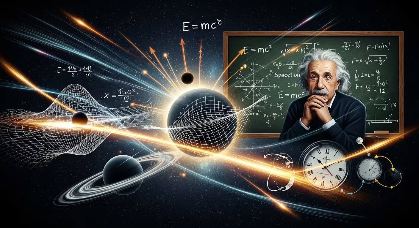 La observación coincide con conceptos de la teoría de la relatividad con Albert Einstein, ecuaciones y elementos espaciales. (Imagen Ilustrativa Infobae)