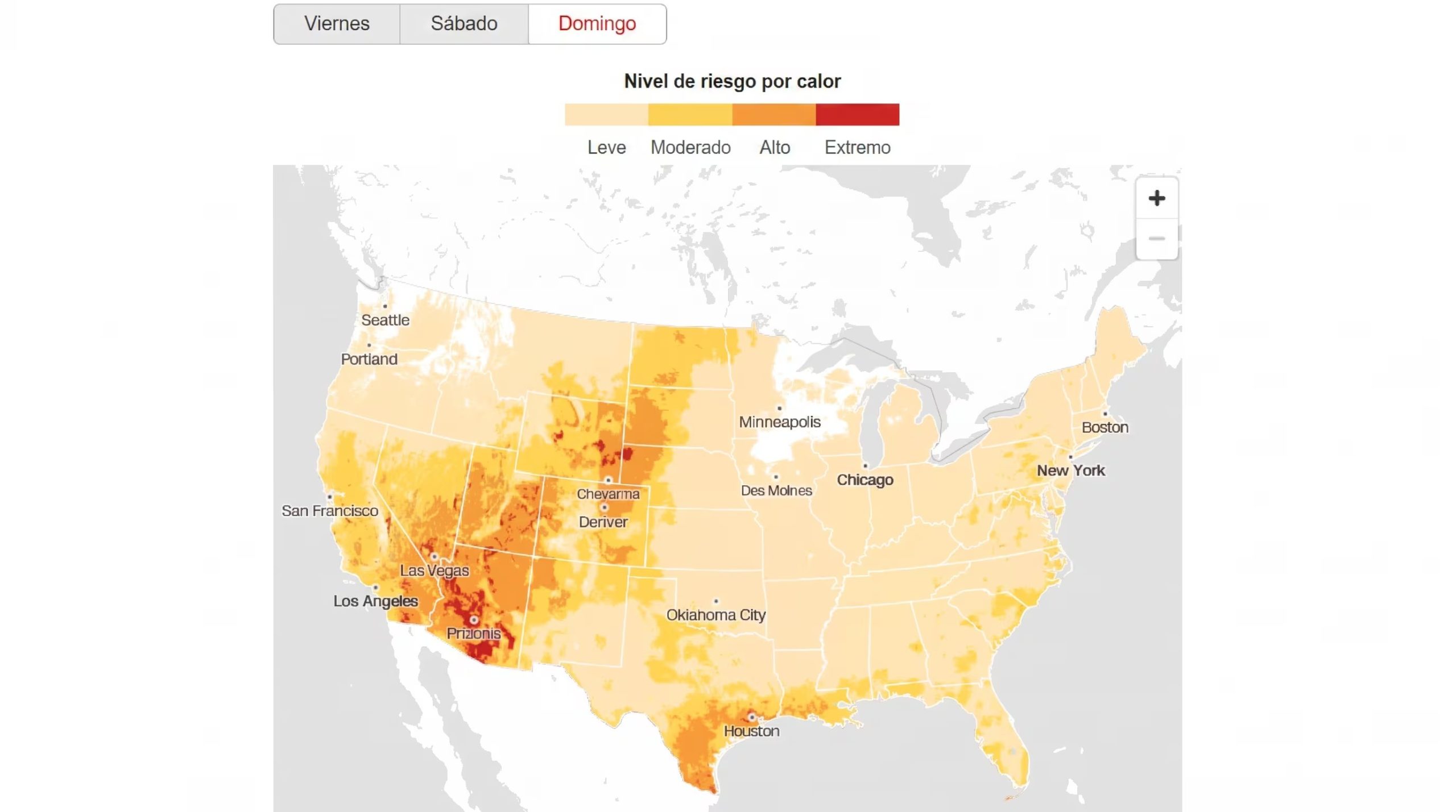 Un mapa de Estados Unidos muestra los niveles de riesgo por calor en diferentes regiones para el día domingo (Mapbox)