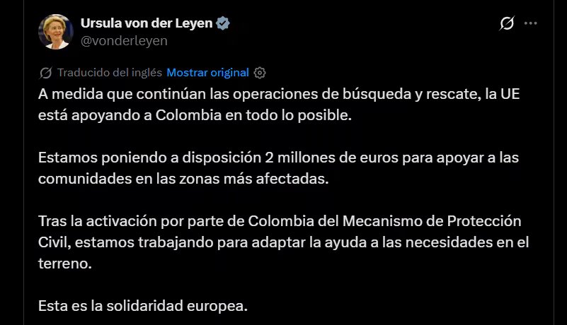 La presidenta de la Comisión Europea, Ursula von der Leyen, informó que el bloque europeo tomó esta decisión mientras continúan las operaciones de búsqueda y rescate en el país - crédito @vonderleyen/X