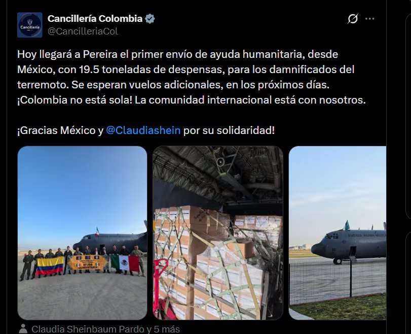 La Cancillería de Colombia confirmó que el primer envío de ayuda humanitaria proveniente de México arribará el miércoles 12 de agosto a Pereira - crédito @CancilleriaCol/x
