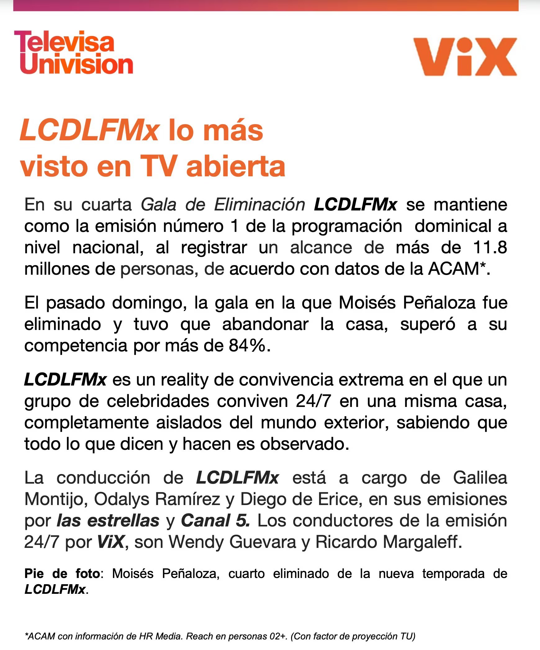 Comunicado de TelevisaUnivision sobre el rating de La Casa de los Famosos México (X/@ReneFranco)
