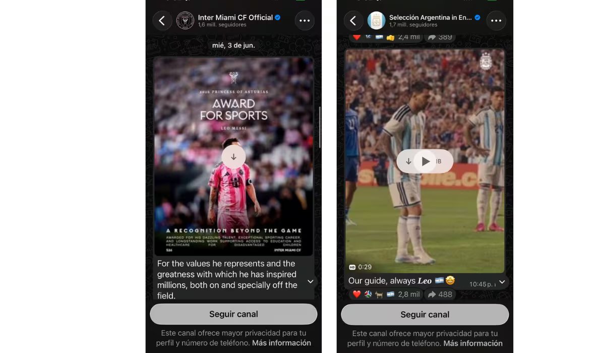 Para seguir el canal de Inter Miami, entrar en “Canales” o “Novedades”. (WhatsApp)