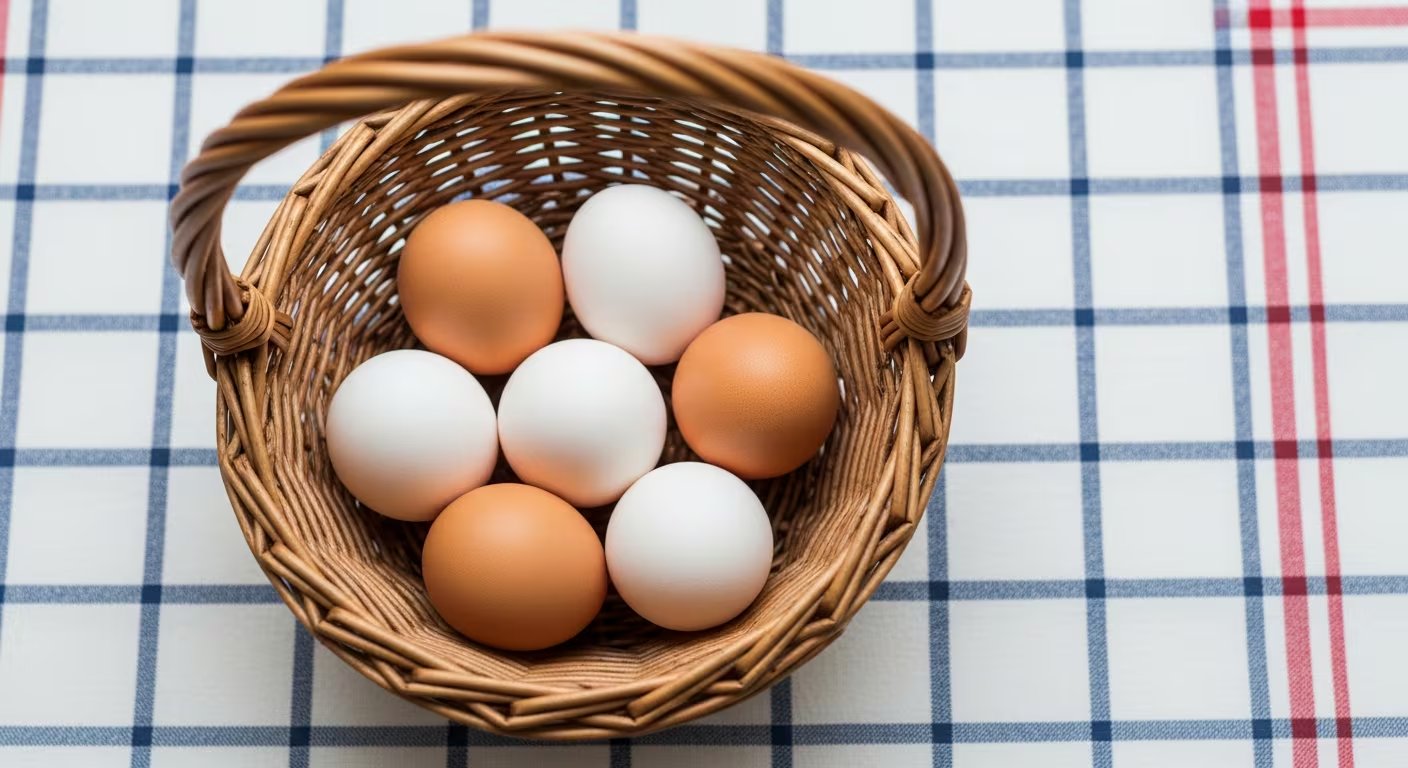 Una cesta de mimbre contiene siete huevos de cáscara blanca y marrón, dispuestos sobre un mantel con patrón de cuadros azules y rojos. (Imagen Ilustrativa Infobae)
