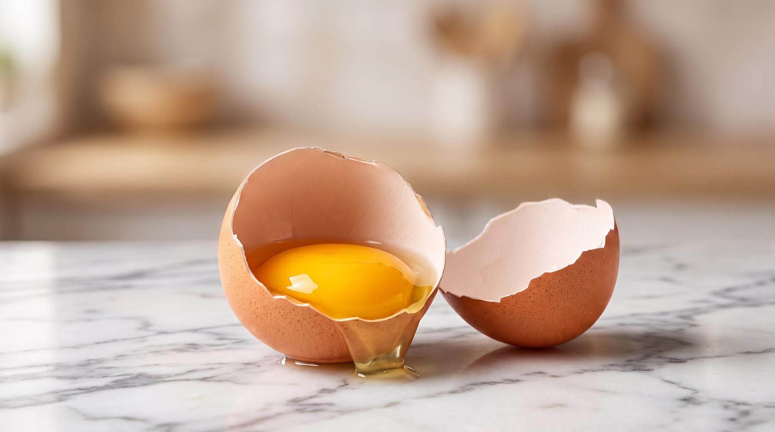 Un huevo quebrado con la yema y la clara expuestas descansa sobre una encimera de mármol en un entorno de cocina. (Imagen Ilustrativa Infobae)