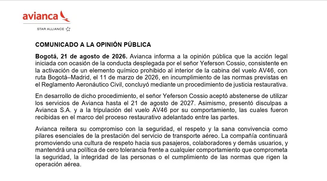 Avianca cerró el caso por el incidente protagonizado por Yeferson Cossio en el vuelo AV46 entre Bogotá y Madrid con un acuerdo de justicia restaurativa - crédito Avianca
