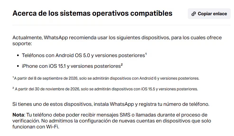 Antes de dejar de ser compatible con un sistema operativo, la aplicación avisará a los usuarios y les pedirá que lo actualicen. (WhatsApp)