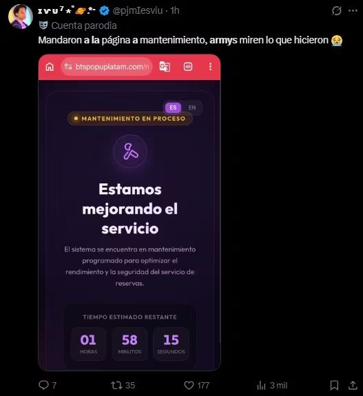 BTS POP-UP en Lima: página de reservas falla tras abrirse el registro y luego restablece su servicio. Captura: X.