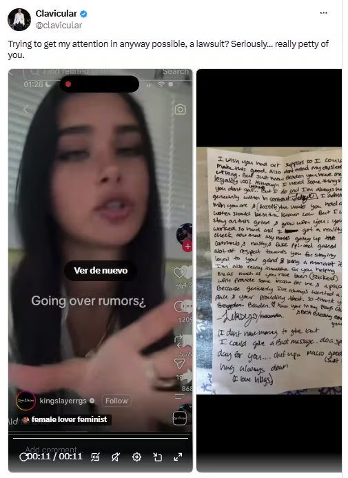 Clavicular publicó en X una carta que atribuyó a Aleksandra Mendoza, en la que ella le agradece su ayuda (X/@clavicular)