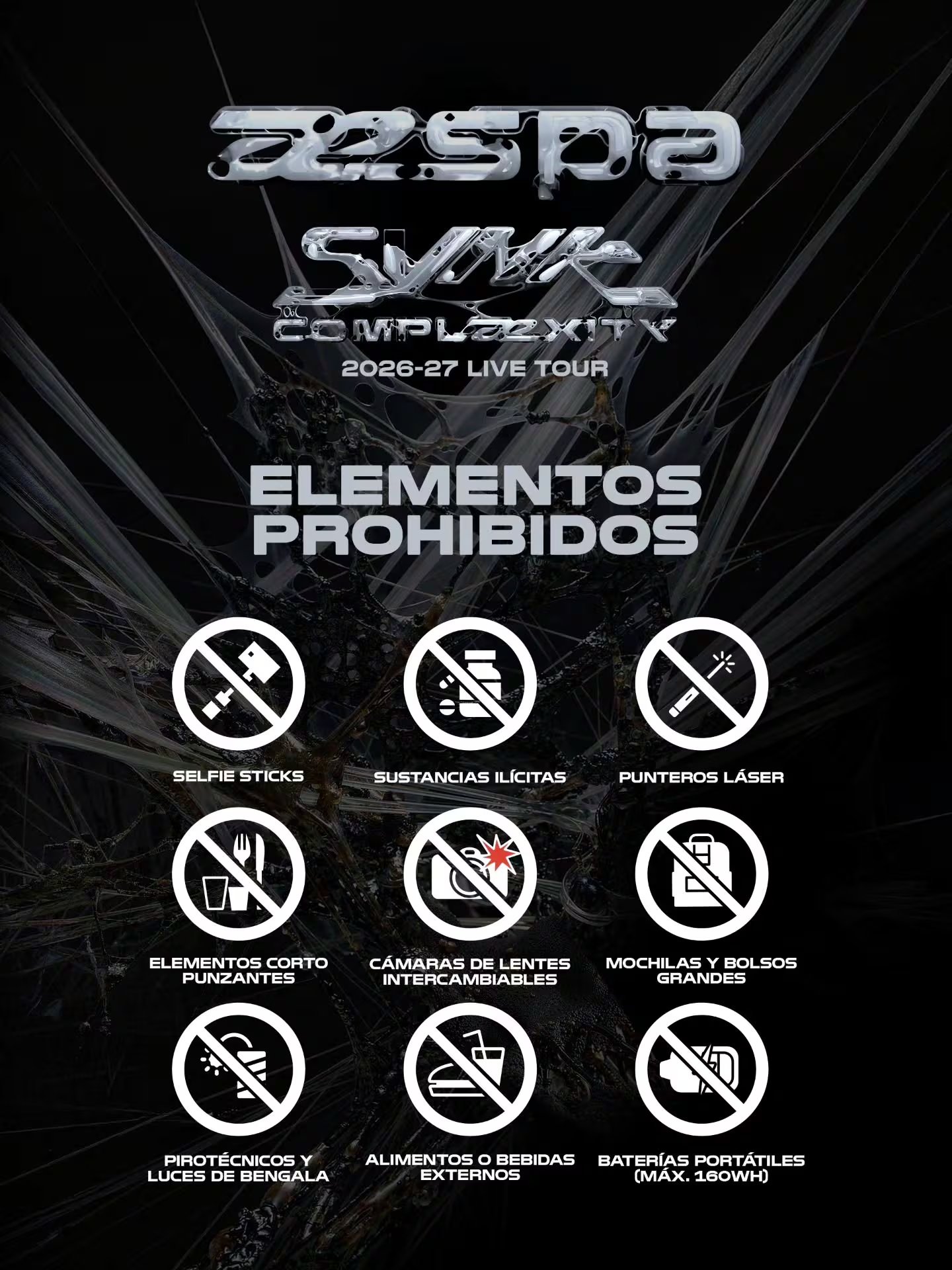 Una guía informativa detalla los objetos y sustancias cuyo ingreso no está permitido al concierto de Aespa en el recinto Costa 21 de Lima.