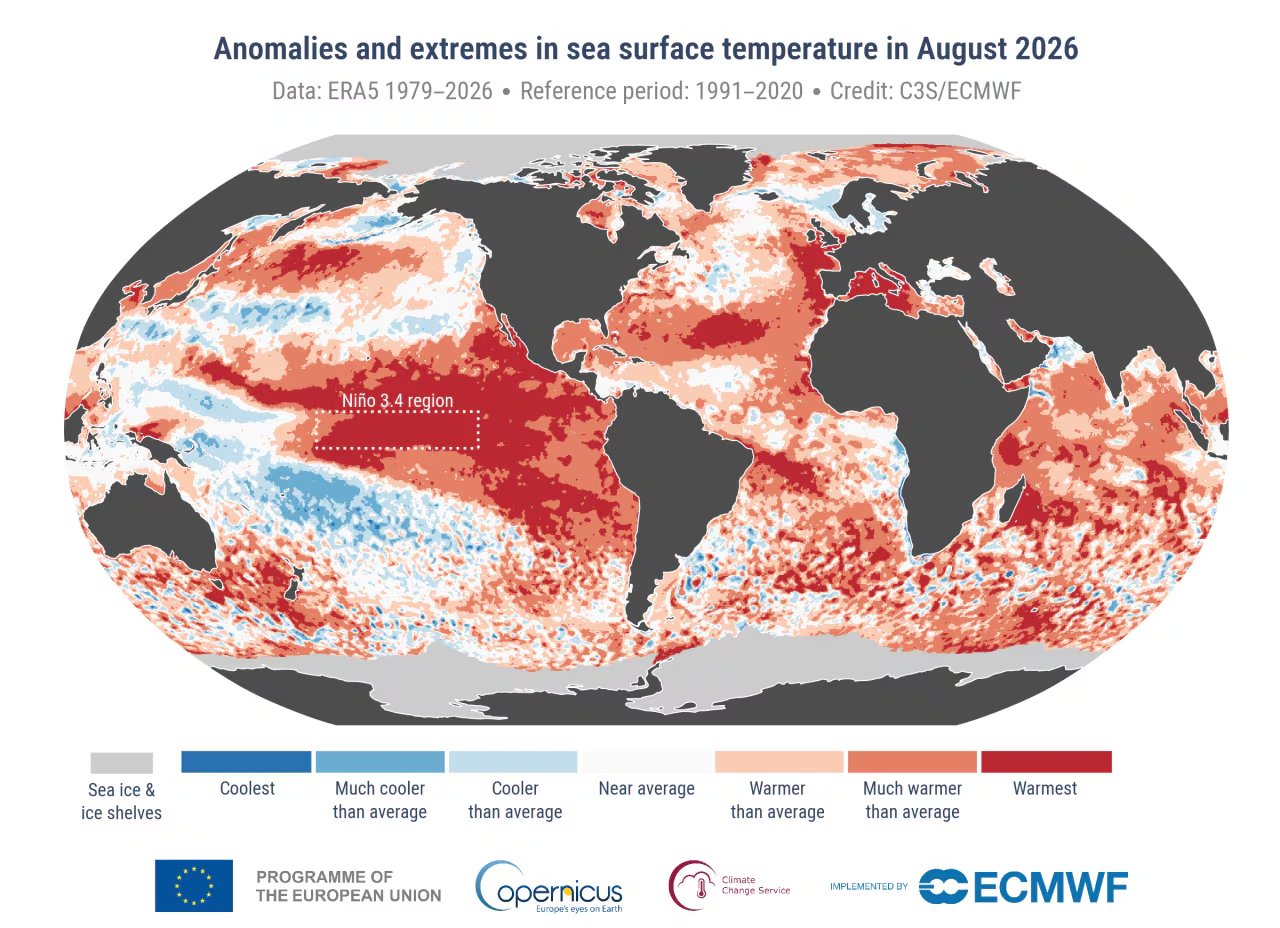 La temperatura de la superficie del mar intensificará las condiciones de El Niño. (C3S/CEPMPM)