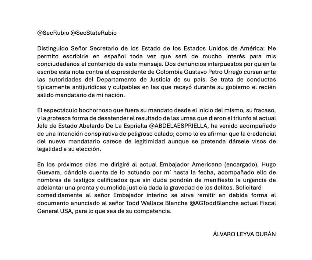 El exdiplomático anunció que remitirá a Estados Unidos información con nombres de testigos calificados que demostrarán la necesidad de investigar los presuntos delitos que cometió el expresidente de la República - crédito @AlvaroLeyva/X