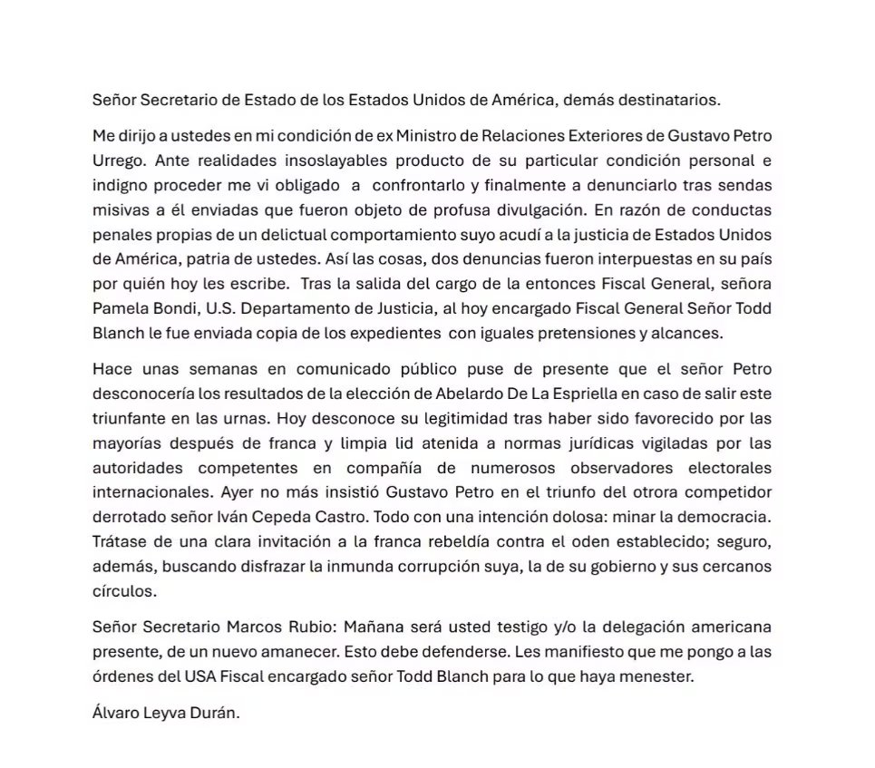 La carta enviada por Álvaro Leyva a Marco Rubio y otras autoridades estadounidenses ratifica las denuncias contra Gustavo Petro y ofrece colaboración con la justicia de ese país - crédito @AlvaroLeyva
/X