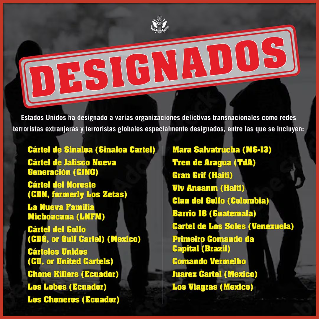 Estas son las 20 organizaciones criminales designadas como terroristas por la administración Trump. Crédito: X - @WHAAsstSecty