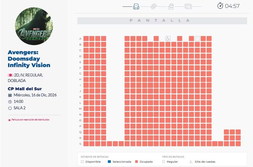 El mapa de asientos de la cadena Cineplanet exhibe la ocupación casi total de una sala para la preventa de Avengers Doomsday.