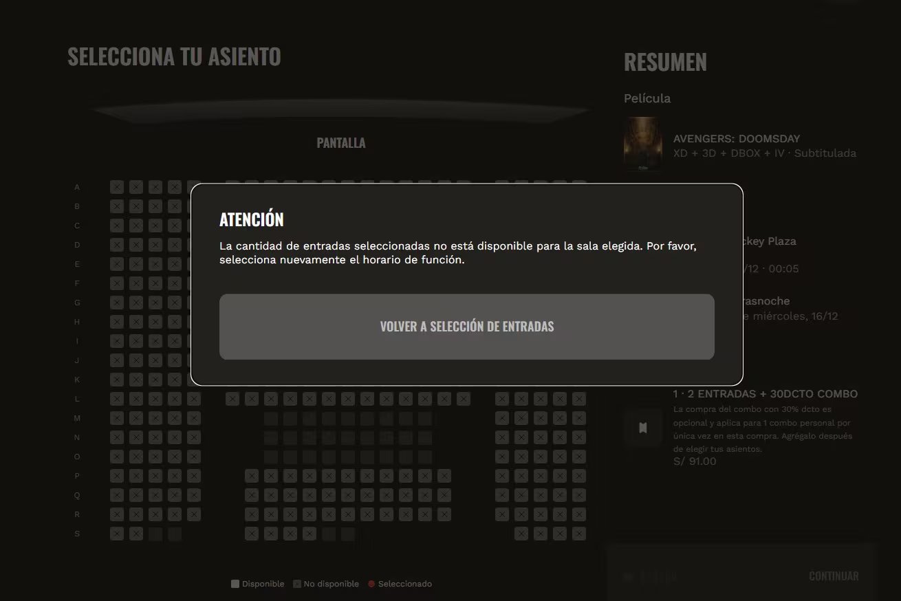 Un mensaje de error en un sistema de compra en línea de cine indica la falta de disponibilidad de entradas para la película Avengers Doomsday.