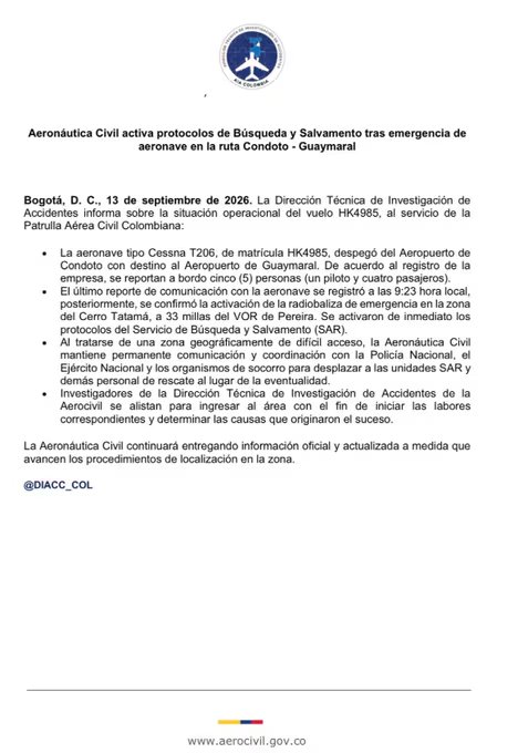 La Aeronáutica Civil suspendió la búsqueda del Cessna T206 HK4985 por las lluvias intensas y la niebla en la zona montañosa de Tadó- crédito Aeronáutica Civil