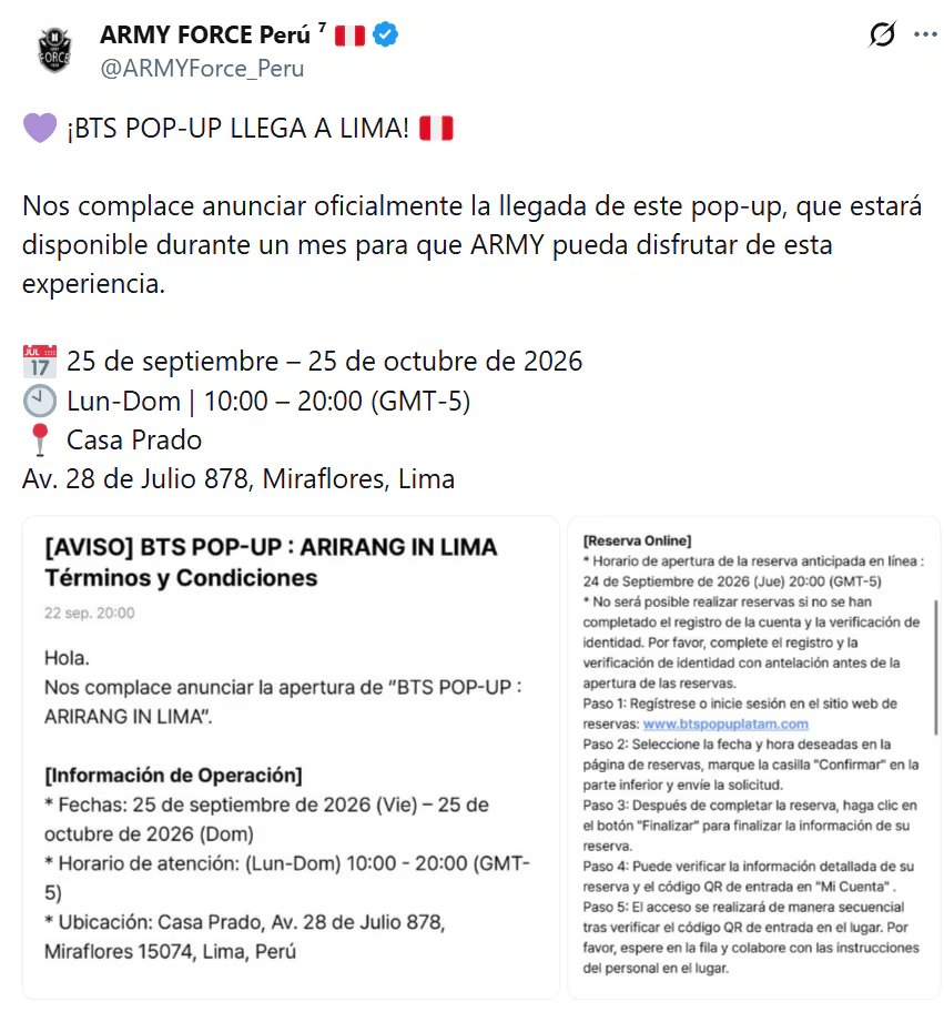 La comunidad ARMY Force Perú difunde las indicaciones oficiales sobre el proceso de reserva a través de su cuenta en X.