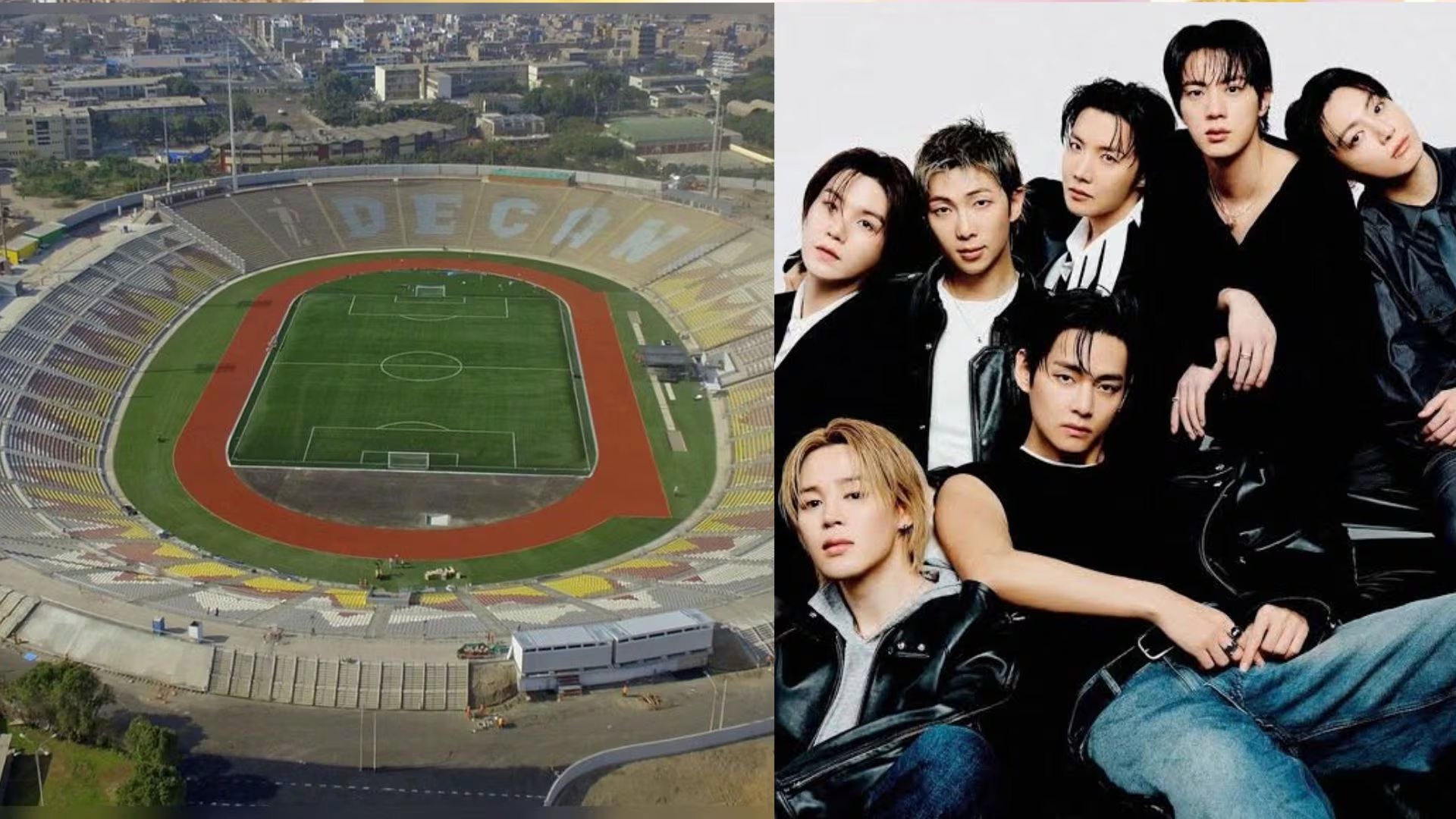 El grupo surcoreano BTS y el Estadio de San Marcos ilustran la expectativa por la gira Arirang World Tour en la ciudad de Lima. (Infobae Perú)