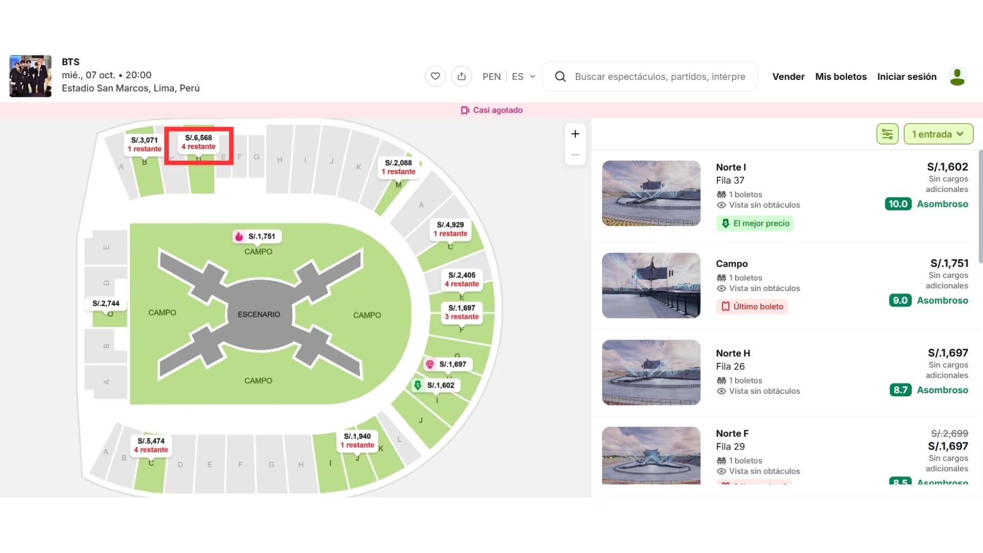 Un esquema del Estadio San Marcos en Lima detalla las tarifas en soles para la reventa de entradas del concierto de la banda BTS.