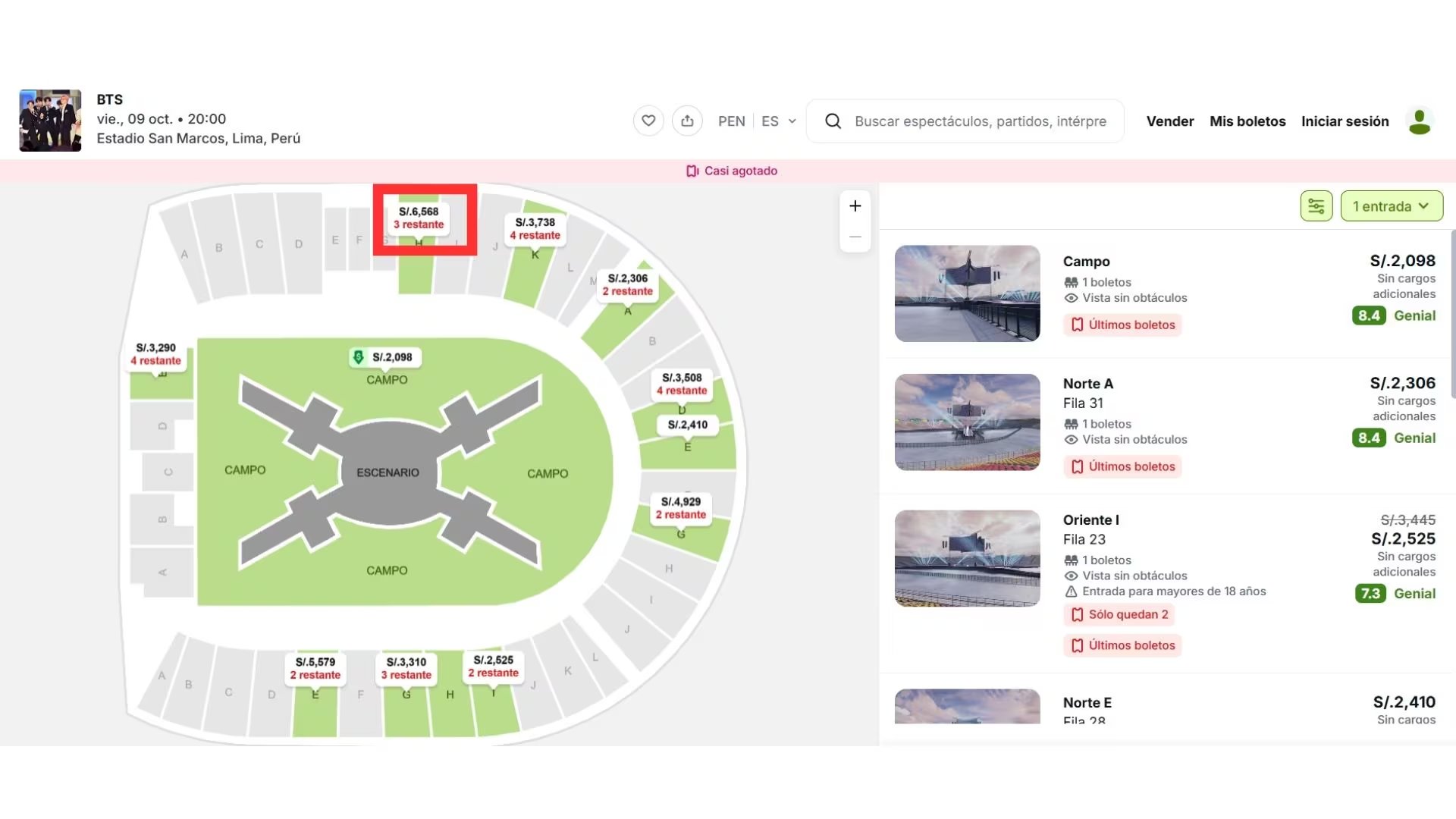 Un portal de venta de entradas ofrece boletos de reventa para el concierto de BTS en el Estadio San Marcos de Lima a precios de hasta 6.568 soles peruanos.