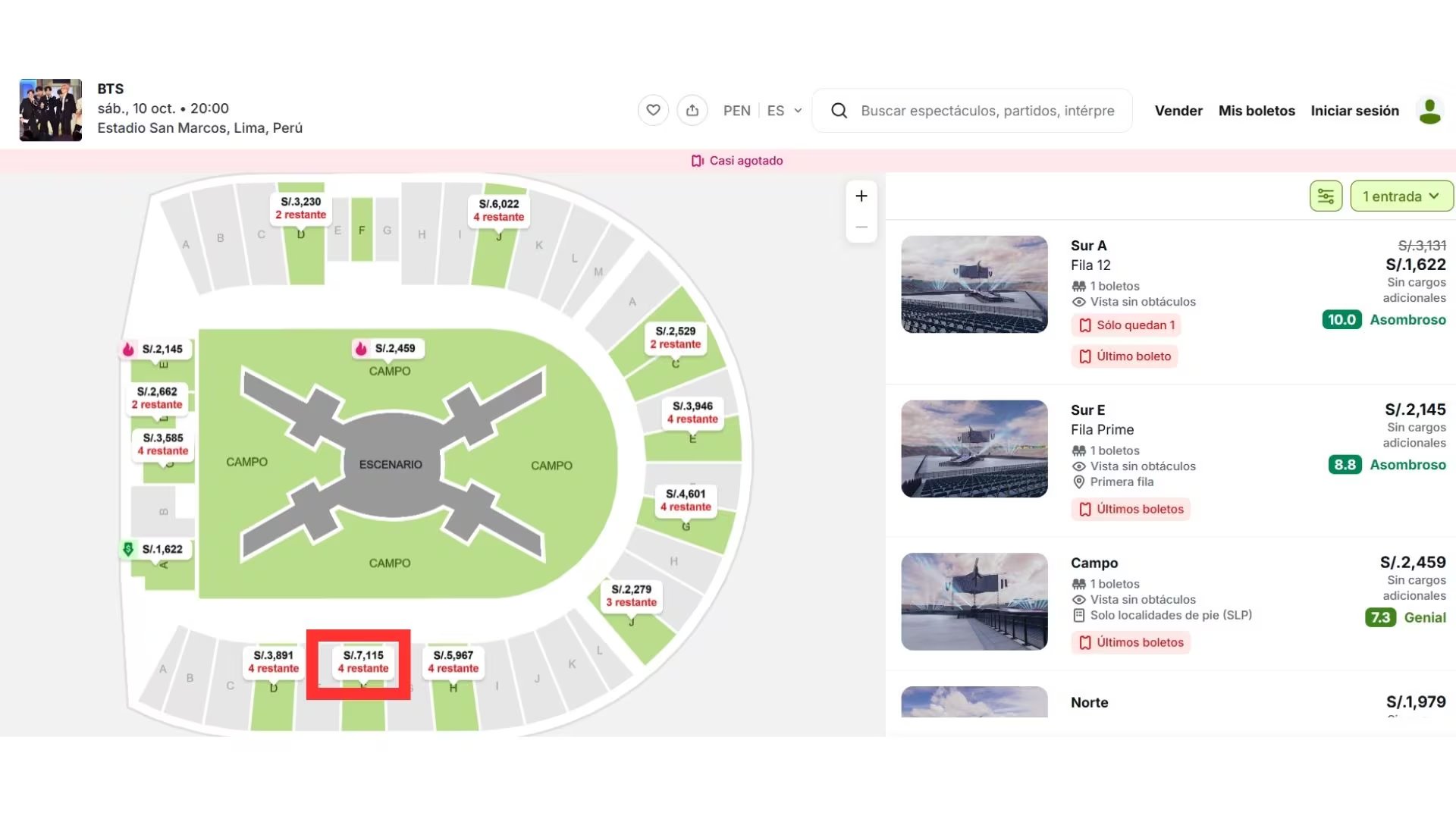 Una plataforma de venta de entradas ofrece boletos en reventa para el concierto del grupo BTS en el Estadio San Marcos de Lima por precios que alcanzan los 7.115 soles.