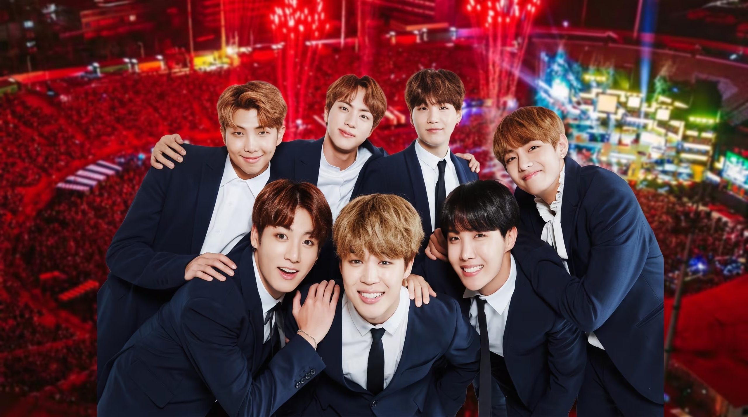 Los miembros del grupo BTS posan juntos sobre una imagen del Estadio San Marcos iluminado durante un concierto en Perú. (Imagen Ilustrativa Infobae)