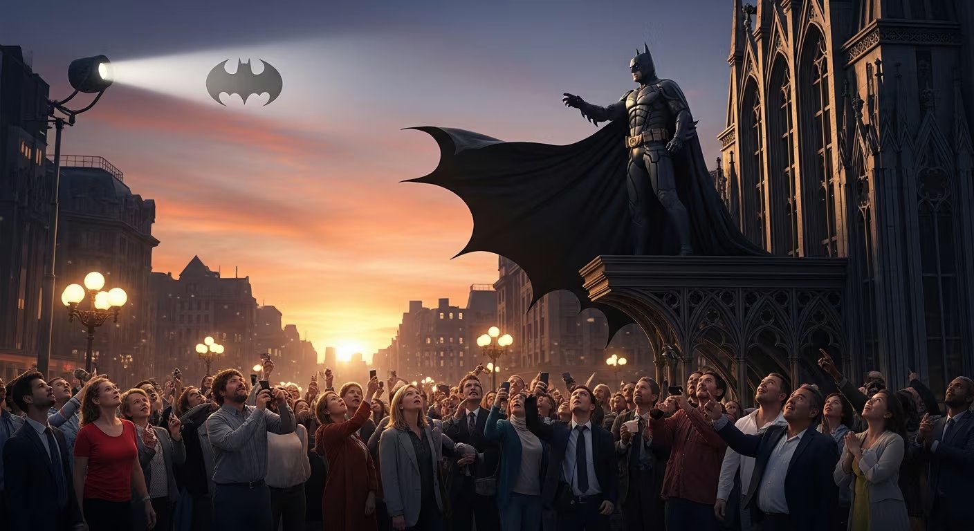 Una gran multitud observa impresionada a Batman en lo alto de un edificio al atardecer urbano. (Imagen Ilustrativa Infobae)