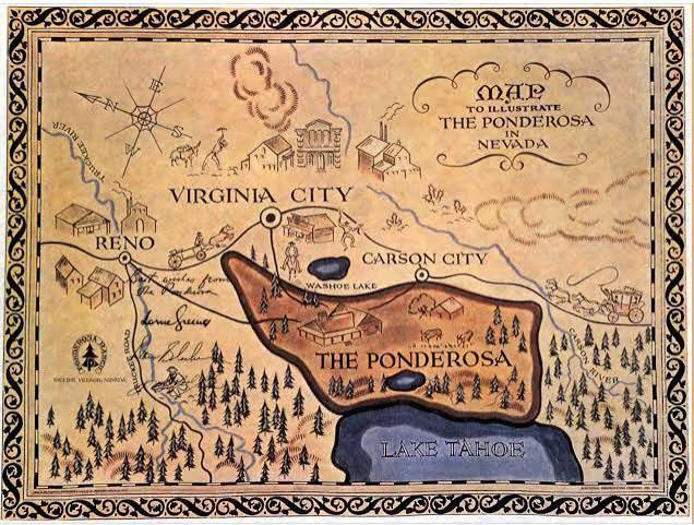 Geografía de un clásico: el mapa de presentación de Bonanza que detalla los límites de La Ponderosa, firmado por el elenco protagónico de la serie