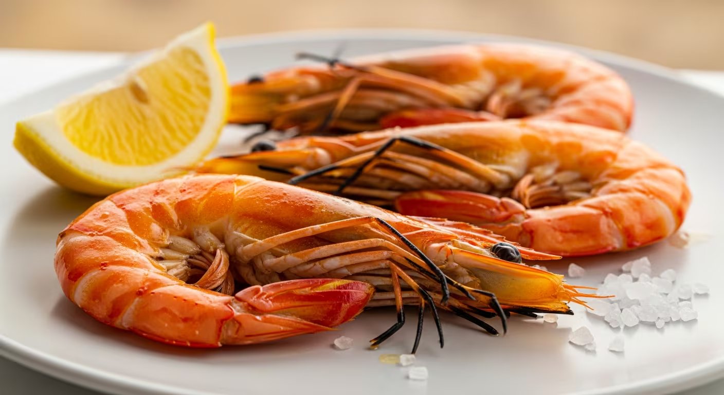 Gambas enteras con cabeza y cáscara, asadas sobre plancha y presentadas en un plato simple, destacando su textura jugosa y brillante, acompañadas de sal gruesa y un trozo de limón. (Imagen Ilustrativa Infobae)