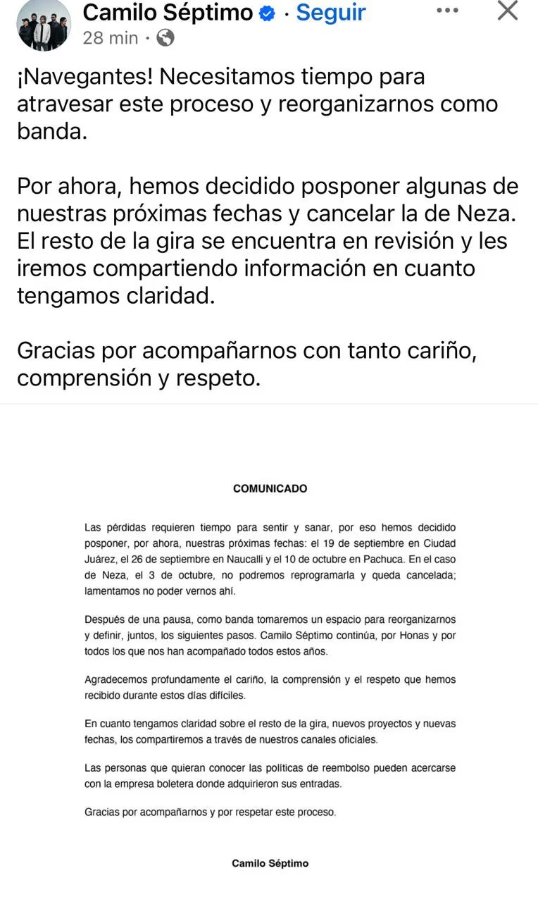 Comunicado de Camilo Séptimo en redes (Facebook)