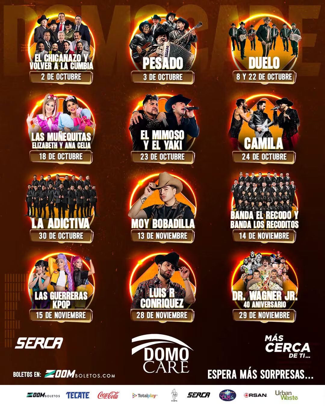 Un cartel promocional de Domo Care detalla la lista de artistas y agrupaciones con sus respectivas fechas de presentación entre octubre y noviembre. (Domo Care Nuevo programa oficial/Instagram)