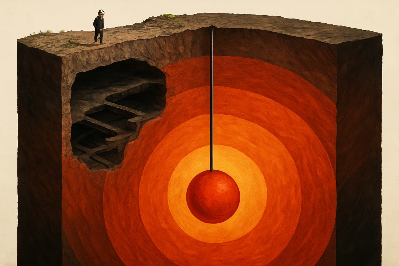 Una imagen conceptual ilustra el corte transversal de la Tierra, mostrando distintas capas geológicas y el núcleo interno en tonos cálidos. Sobre la superficie, un geólogo observa el descenso simulado de una sonda hacia el centro del planeta, destacando la complejidad de la exploración subterránea. (Imagen Ilustrativa Infobae)