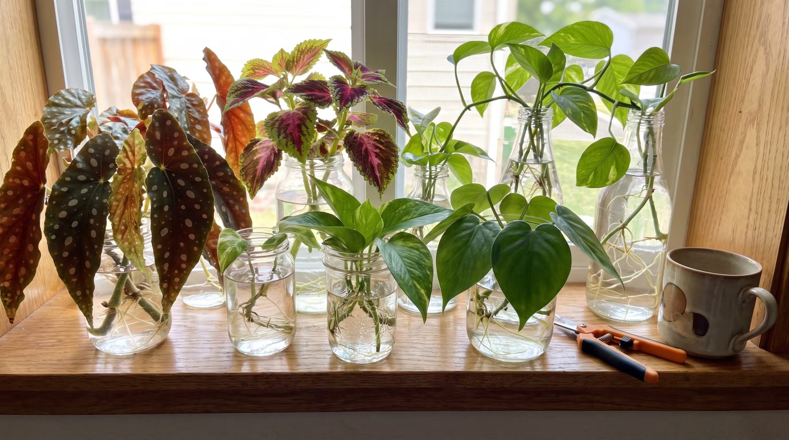 Plantas de begonia, coleo, potos y filodendro en diferentes recipientes de vidrio muestran sus raíces en desarrollo mientras se propagan en el alféizar de una ventana. (Imagen Ilustrativa Infobae)