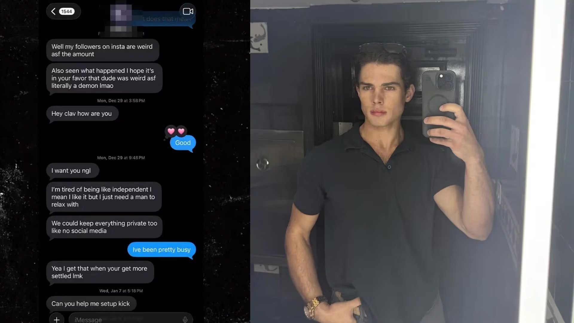 Clavicular compartió capturas de conversaciones privadas que, según su versión, respaldan su postura frente a las acusaciones (Instagram/vía TMZ)