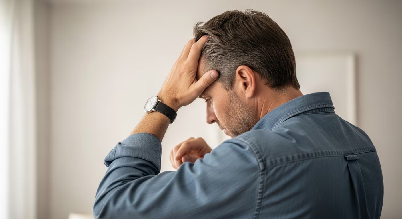 La imagen muestra a un hombre de 45 años de espaldas a la cámara, con una mano en la cabeza, observando su reloj de pulsera para ilustrar el concepto de reloj biológico masculino y su impacto en la fertilidad. (Imagen Ilustrativa Infobae)