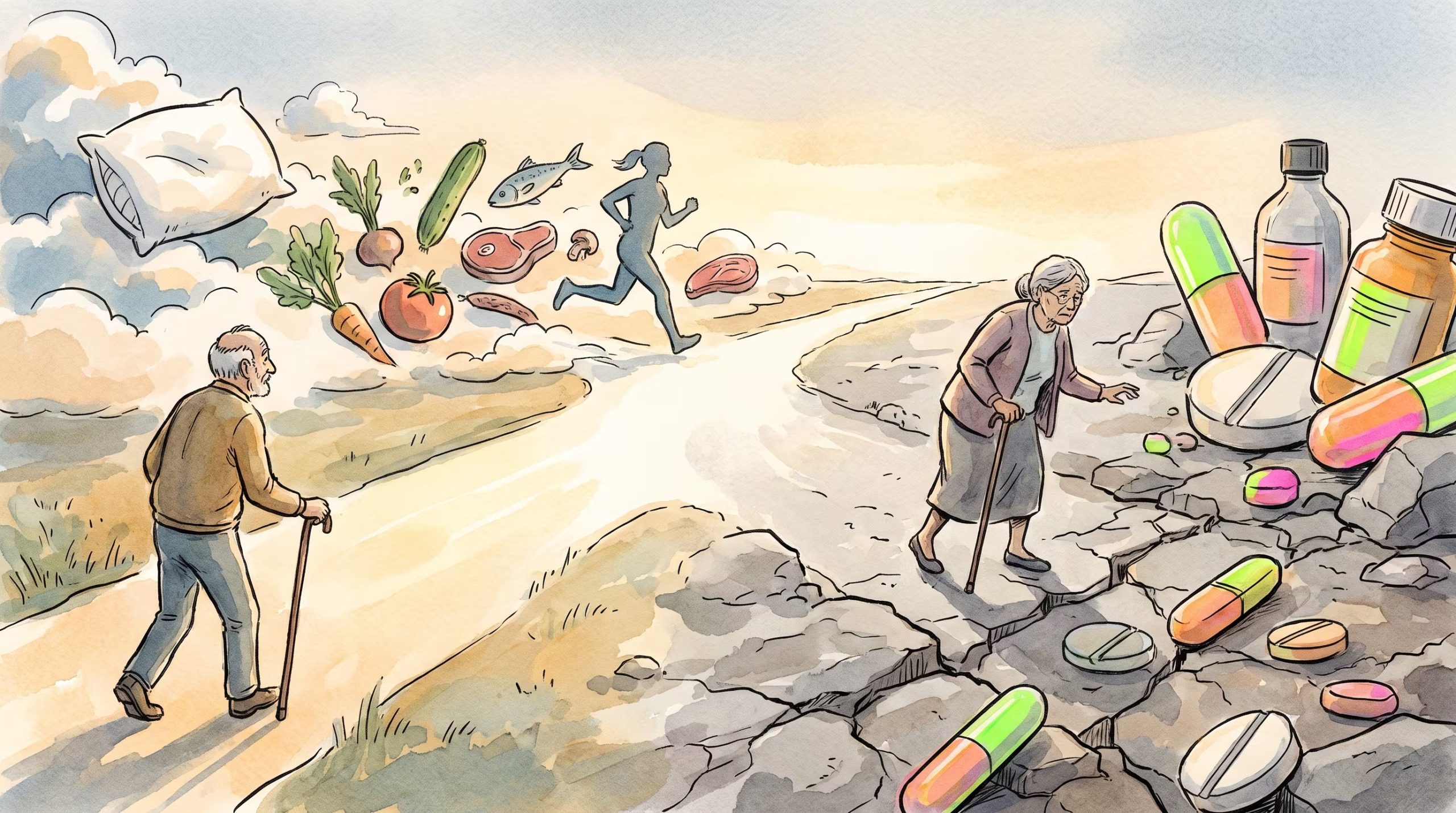 Una ilustración contrapone una vejez basada en nutrición, descanso y ejercicio frente a un camino dificultado por el consumo constante de medicamentos. (Imagen Ilustrativa Infobae)