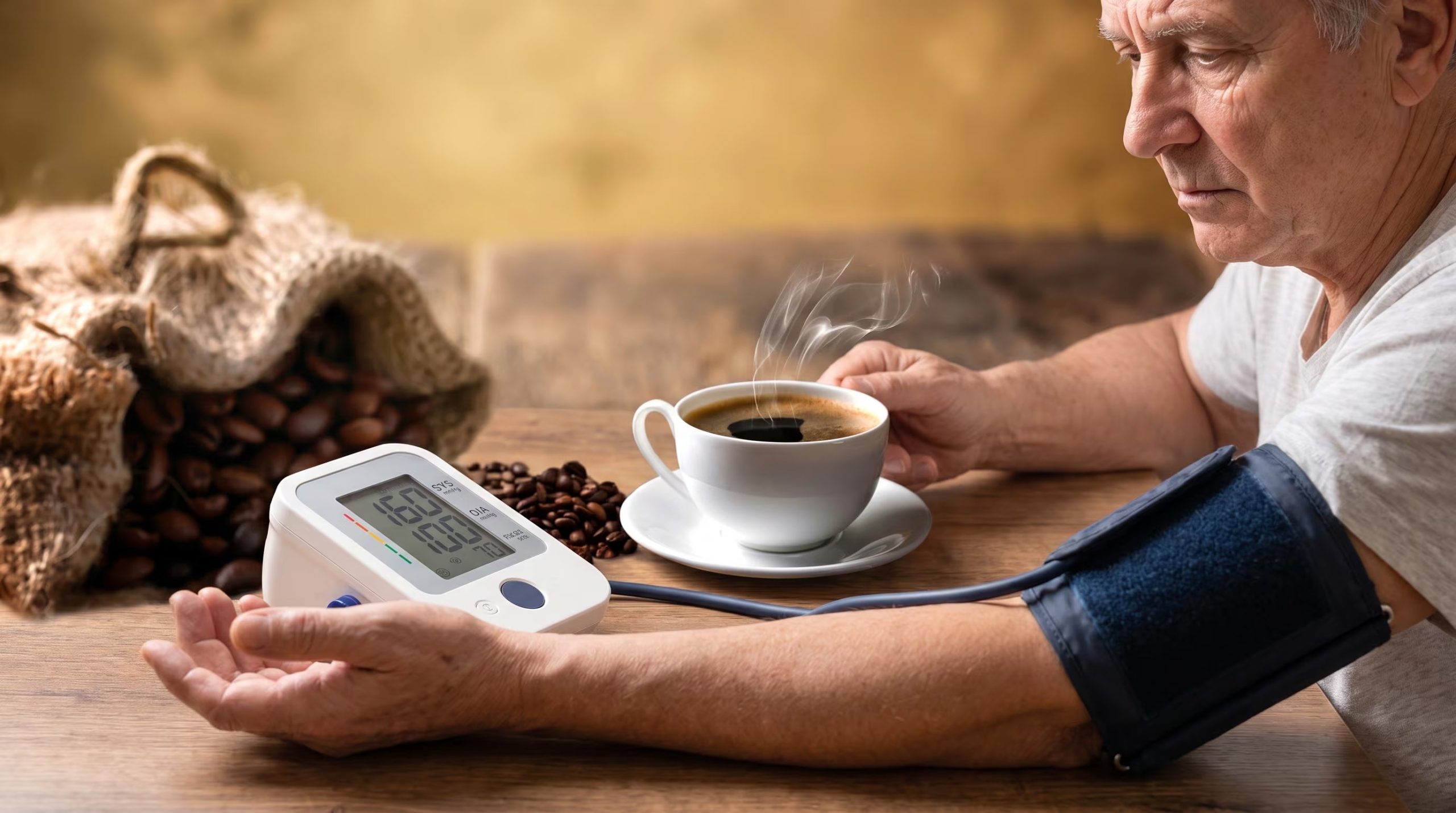 Un hombre mide su presión arterial junto a una taza de café para evaluar el impacto de la bebida en la tensión sanguínea. (Imagen Ilustrativa Infobae)