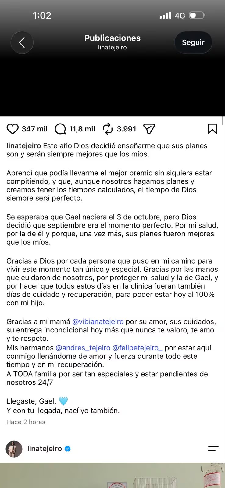 Lina Tejeiro reveló por qué el nacimiento de Gael ocurrió antes de octubre - crédito linatejeiro/Instagram