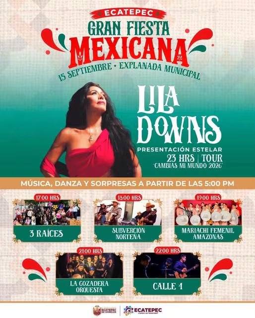 Lila Downs y varios grupos musicales se presentarán el 15 de septiembre en la Explanada Municipal de Ecatepec. (Gobierno de Ecatepec)
