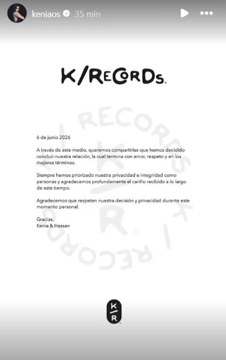 La artista eligió sus redes sociales para confirmar la noticia. (IG Kenia OS)